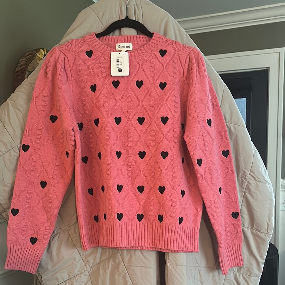 Merrell Pink and Black Crew Neck Sweater with Heart Pattern